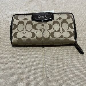 Coach Signature Brown and Tan Zip Wallet